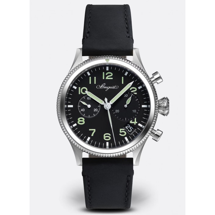 Reloj acero esfera negra y correa de cuero negro Type XX Breguet